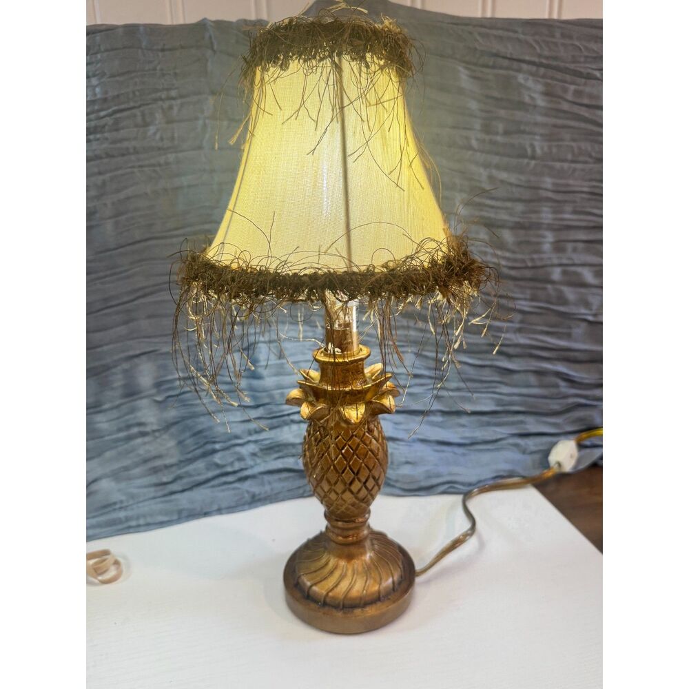 Vintage Gold Pineapple Lamp with Fringed Shade 14”